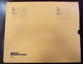 190074-500 - Brown Kraft Standard Imprint 28# Negative Preserver Open End Thumb Cut 10½” x 12½” with MXR Logo